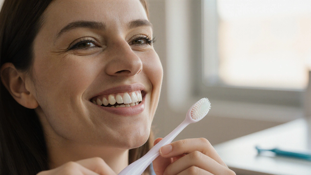 Blízký záběr na úsměv s novou zubní korunou a dentální hygienou.