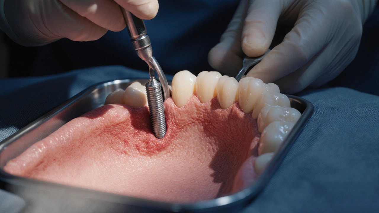 Chirurg v operačním sálu vkládá titánový implantát do čelisti.