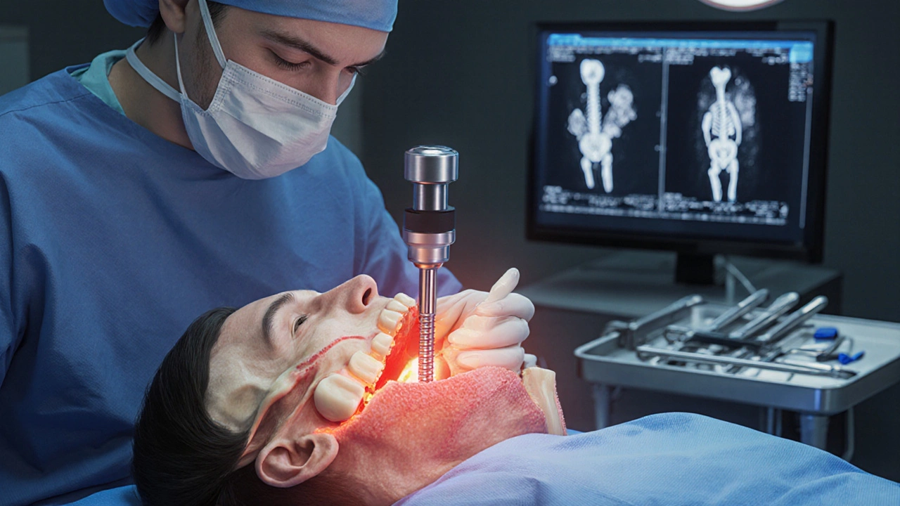 Chirurg vkládá titanový implantát do čelistní kosti během operace.