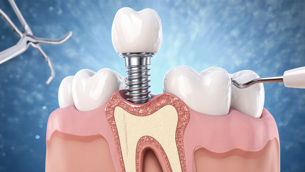 Chirurgický pohled na implantát vkládaný do čelisti s hojením kosti.
