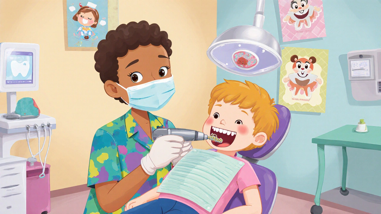 Dentista používá ultrazvukové nástroje k odstranění kamene z dětí úsměvu v přátelské klinice.