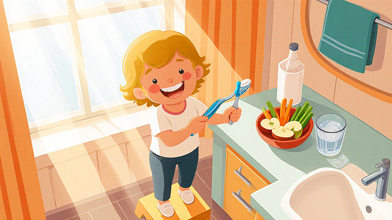 Dítě si čistí zuby měkkým kartáčkem s fluoridovou pastou, vedle jsou jablko a mrkev.