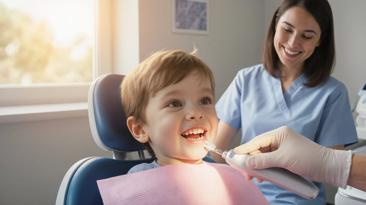 Dítě v dětském zubním kabinetu má odstraněn zubní kámen ultrazvukem.