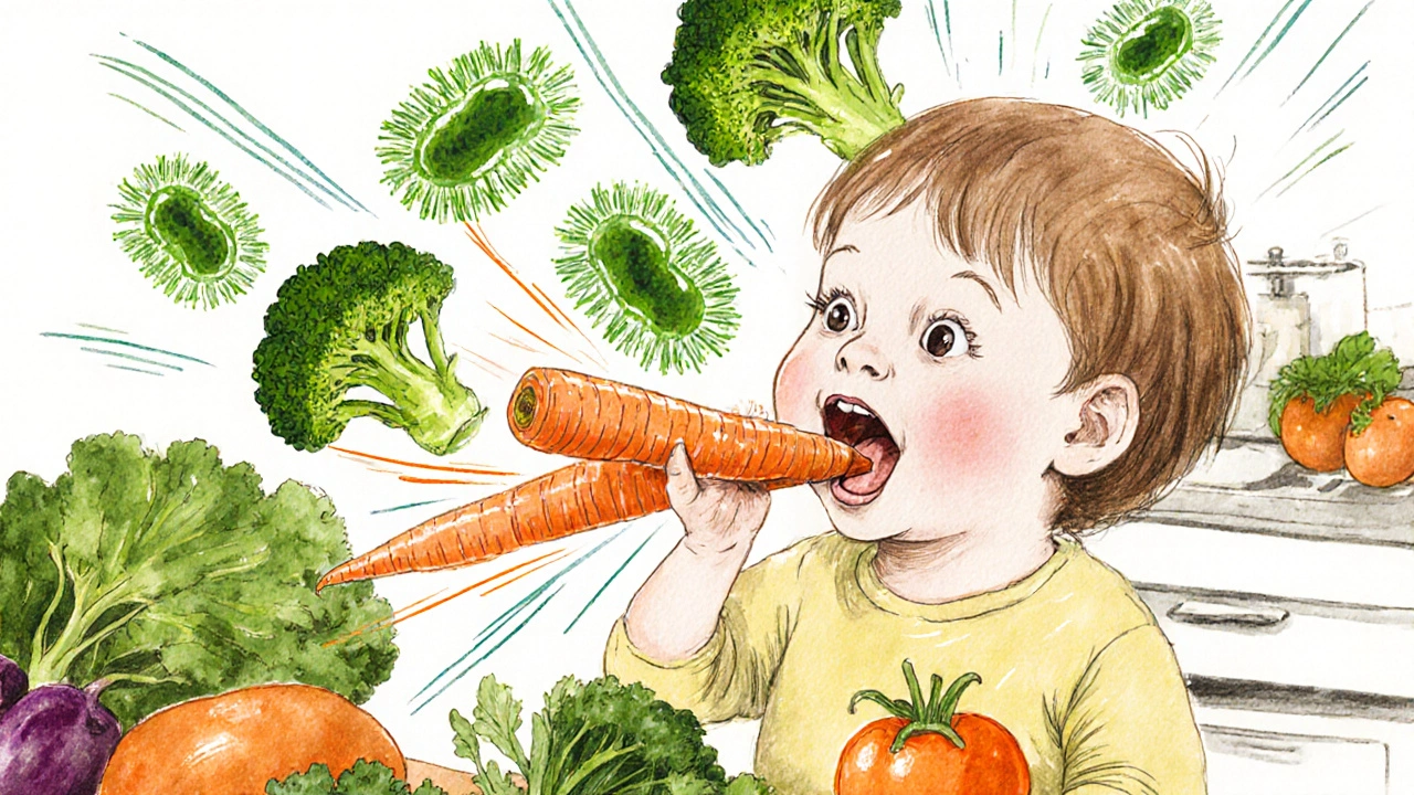 Dítě žvýká mrkev a brokolici, které mechanicky čistí zuby.