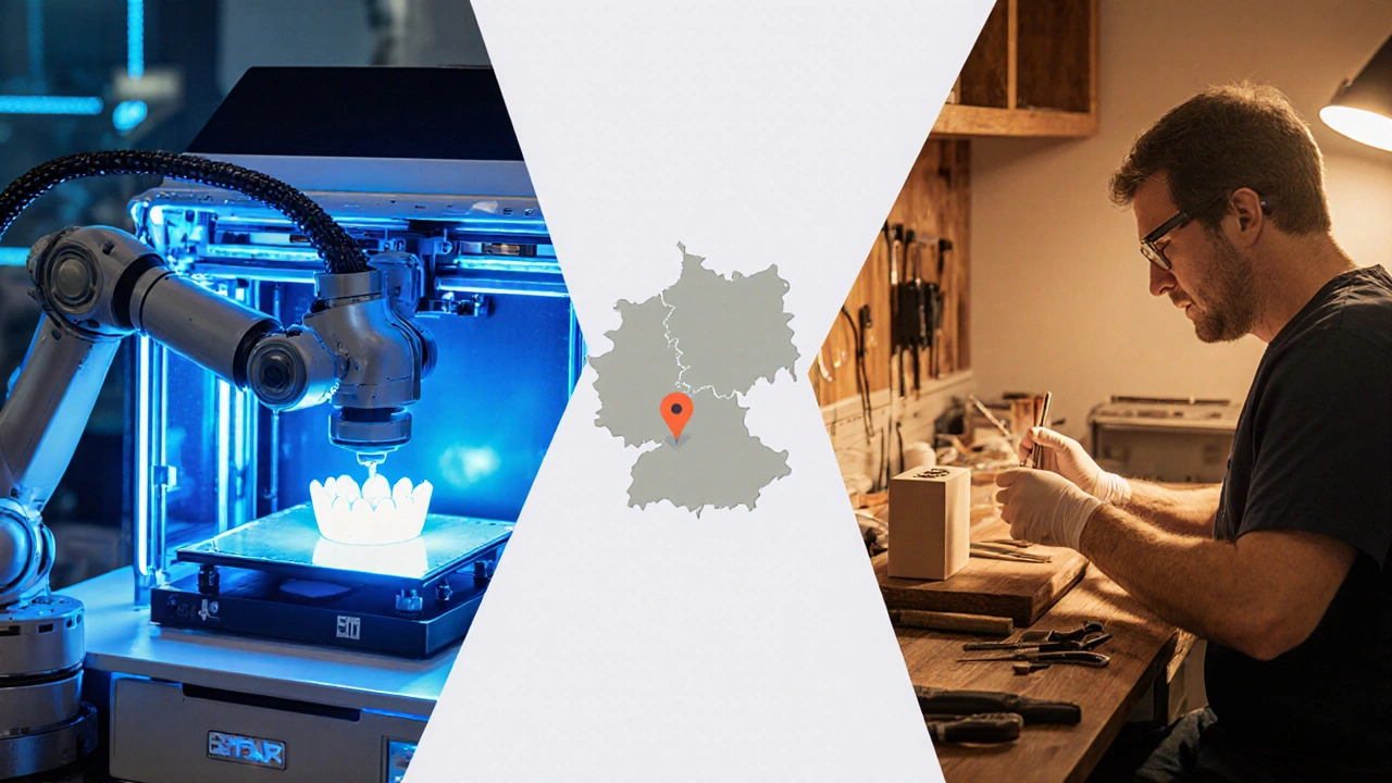 Dvě laboratoře: moderní CAD/CAM tiskárna a tradiční ruční výroba, s mapou ČR.