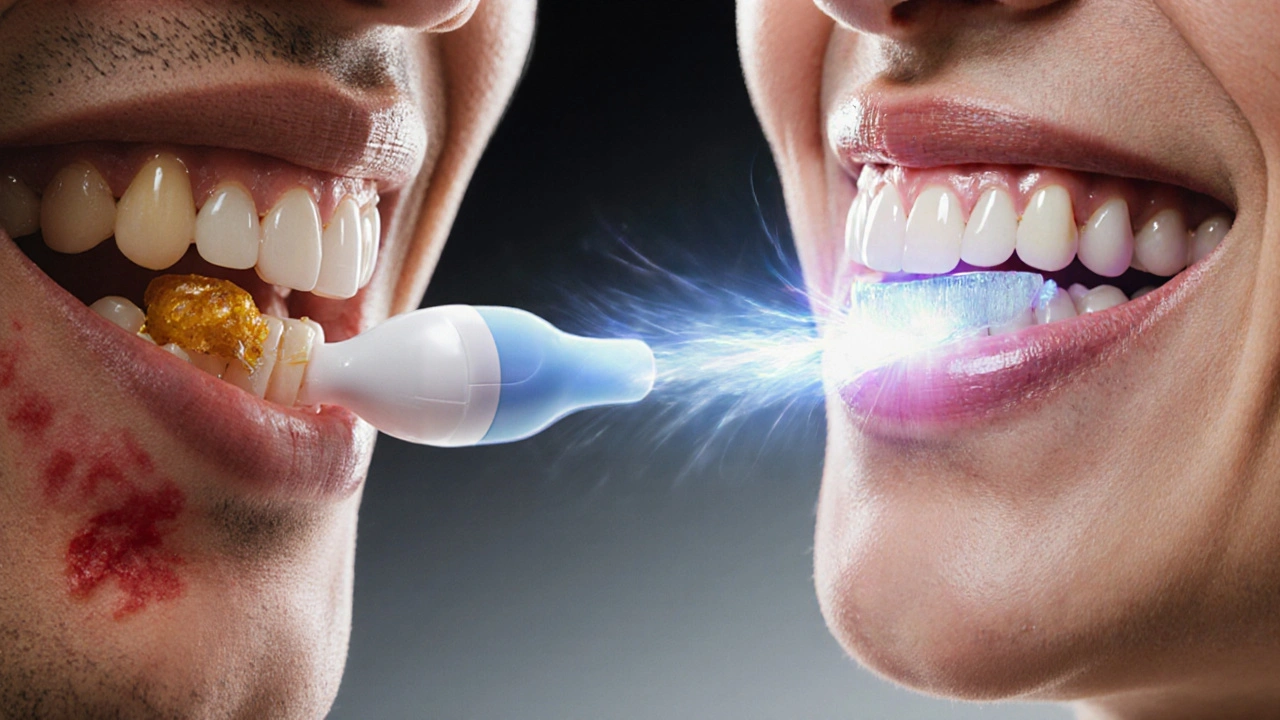 Dvě strany jedné osoby: jedna s krvácivými dásněmi a kamenem, druhá se zdravými zuby a čističem.