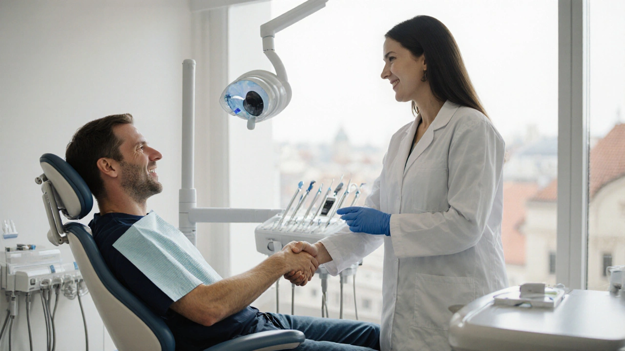 Nový pacient a zubař si v moderní ordinaci podávají ruce.