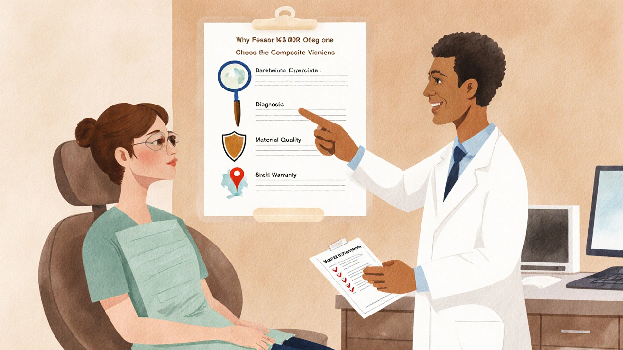 Pacient s zubařem diskutuje možnosti, obklopené ikonami diagnostiky, kvality materiálu, záruky a polohy.