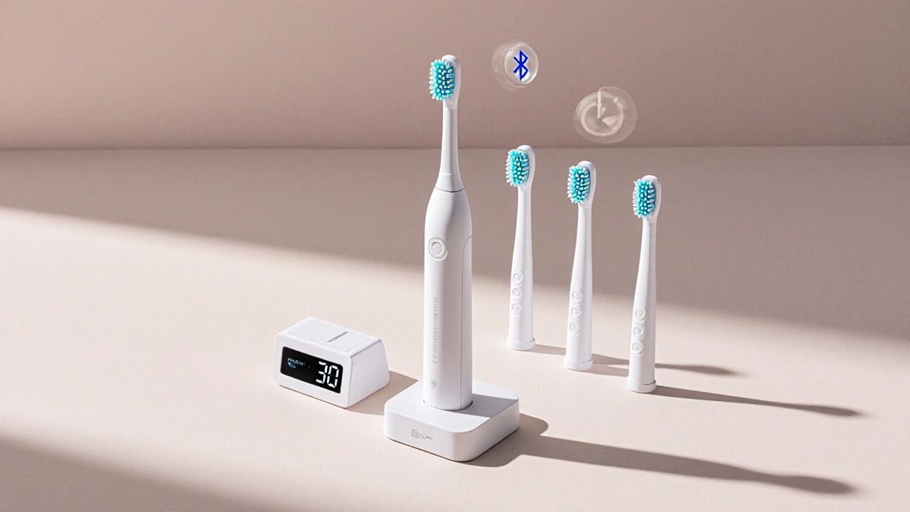Ploché rozložení různých náhradních hlav, nabíjecí podstavy a Bluetooth symbolu u sonického kartáčku.