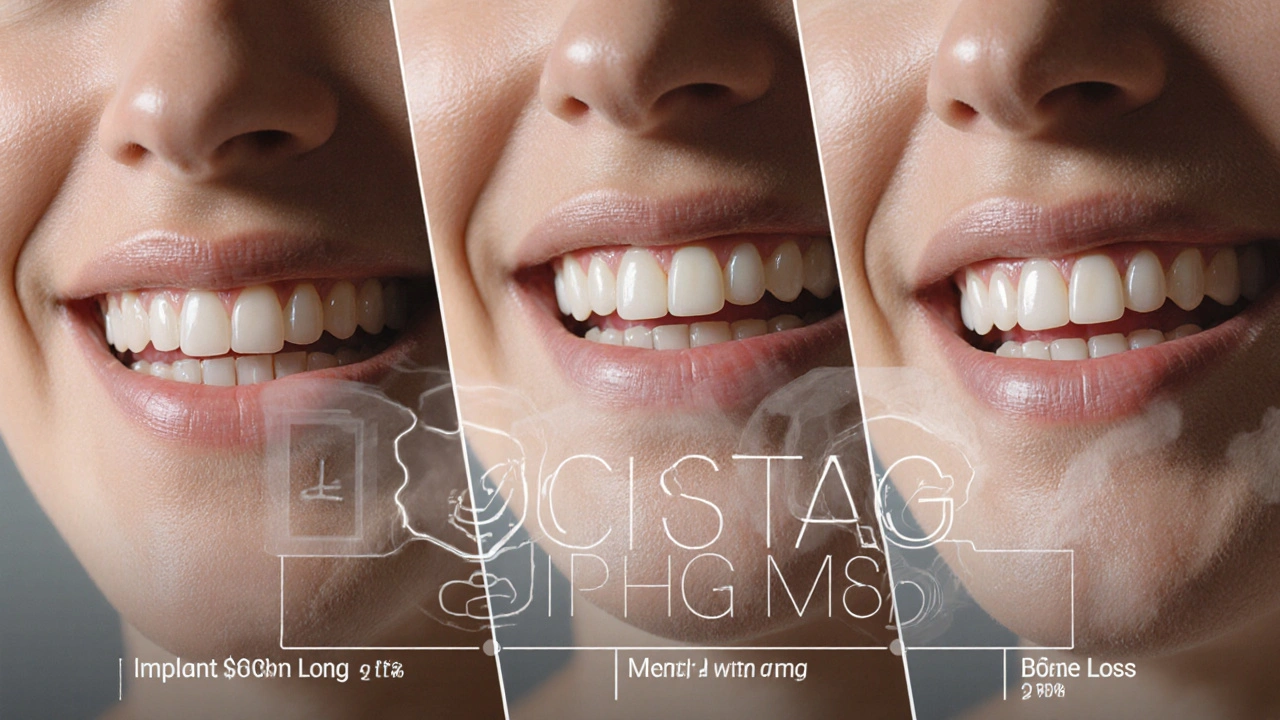 Porovnání tří metod náhrady zubu: implantát, most a protéza.