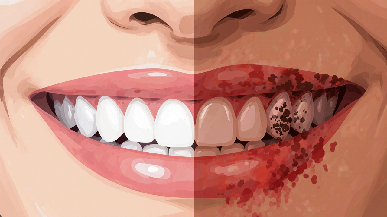 Porovnání zdravého a infikovaného chrupu s dásněmi a kostí.