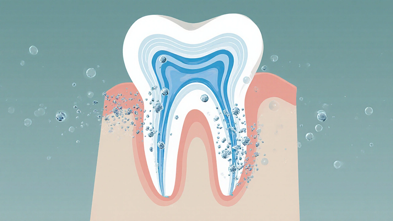 Průřez zubu ukazující ultrazvukové vlny rozkládající zubní kámen a plak pod dásněmi.