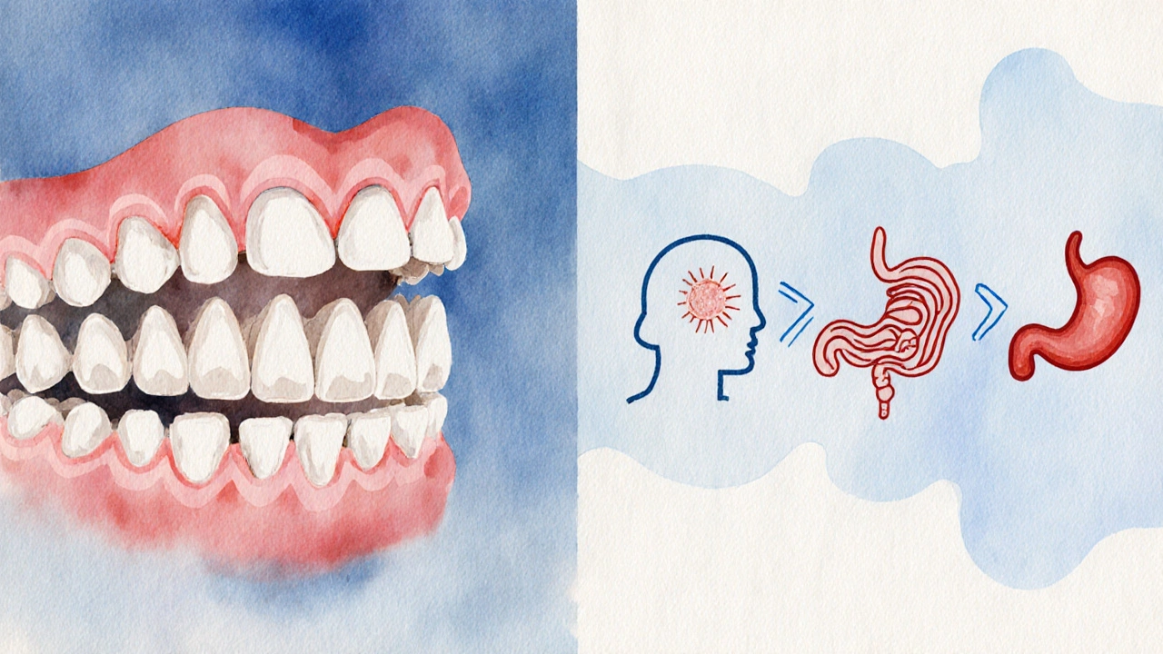 Rozbitý řetězec příznaků: šikmé zuby, bolest hlavy, zažívací potíže a stres na srdci.