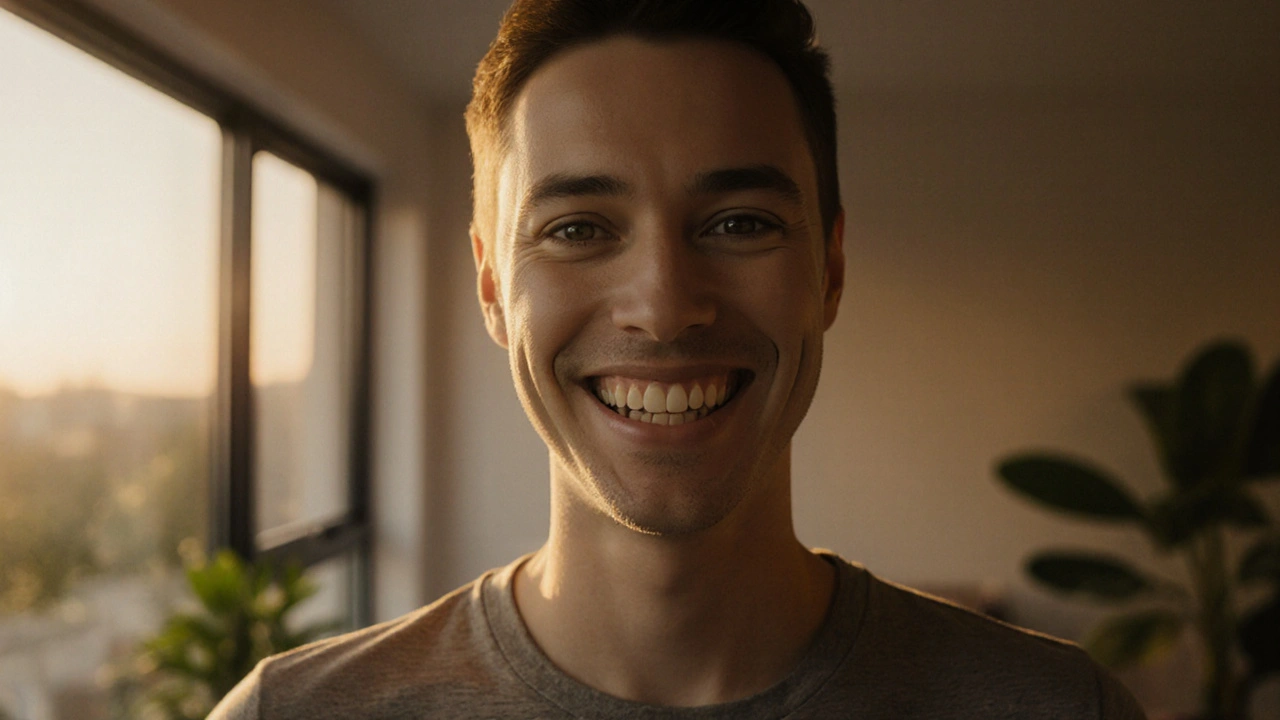 Spokojený pacient s úsměvem po aplikaci fazet v měkkém večerním světle.