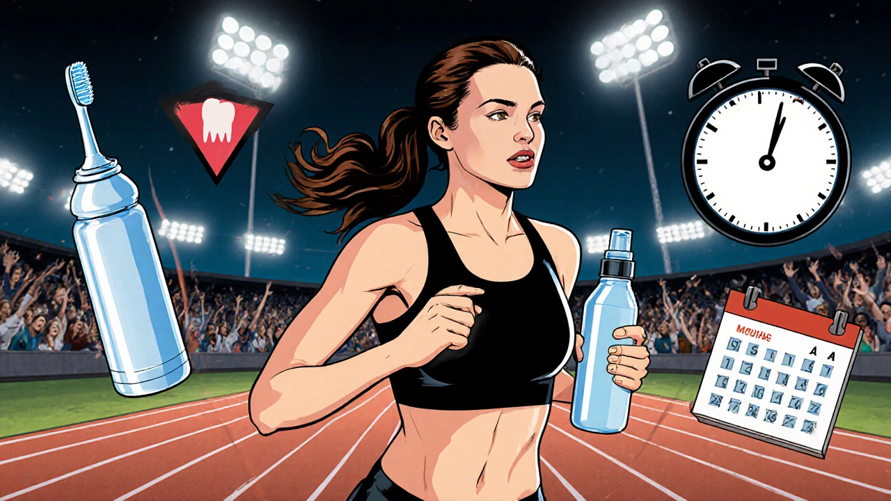 Sportovec během tréninku používá vodu, cestovní kartáček a fluoridový sprej, připomíná návštěvu zubaře.