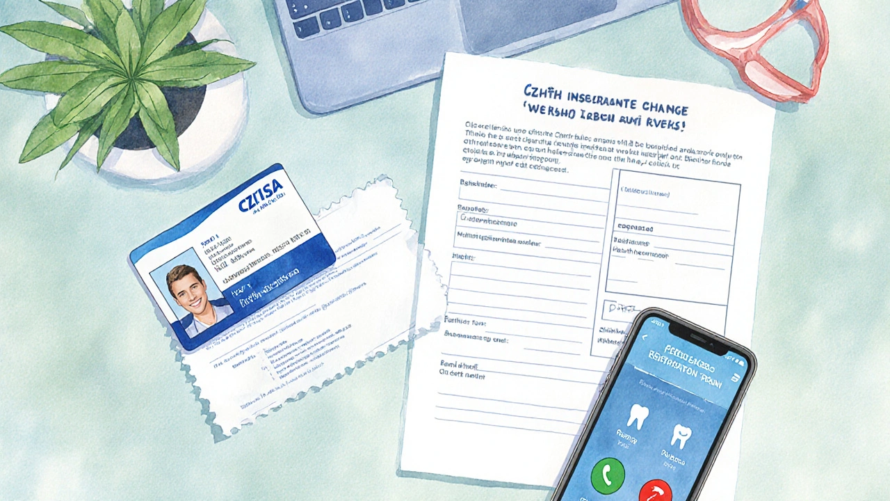 Stůl s doklady: občanský průkaz, pojišťovací potvrzení, vyplněný formulář a telefon.