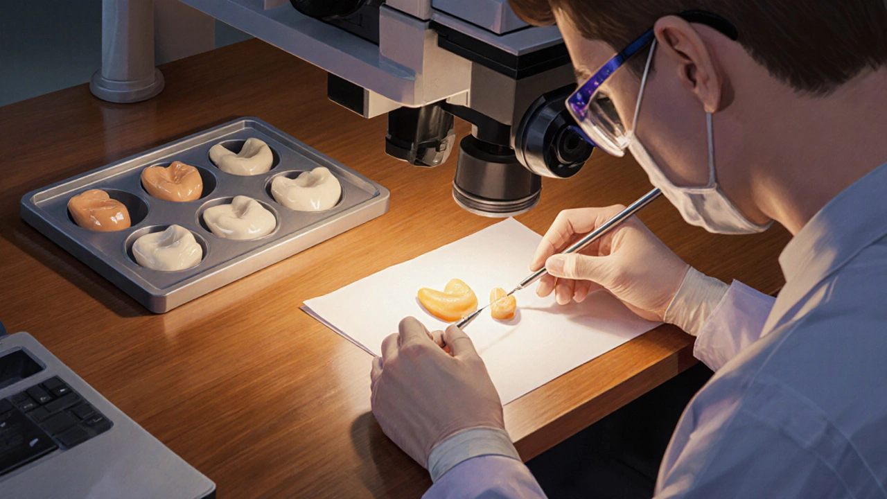 Technik v laboratoři detailně tvaruje porcelánovou fasetu pod mikroskopem.
