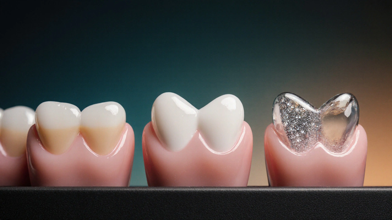 Tři zuby vedle sebe ukazují rozdílné fazety: kompozitní, porcelánová a zirkonová, s různými povrchy.