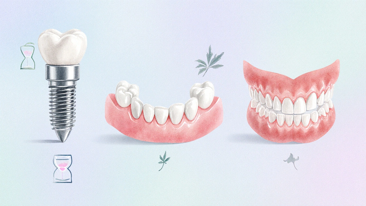 Vedle sebe zobrazené tři náhrady zubů: implantát, most a protéza.