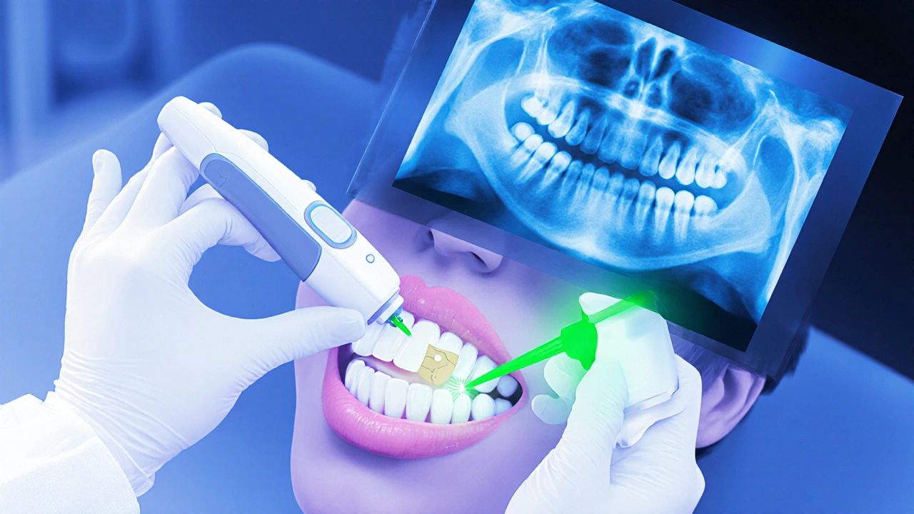 Zubař kontroluje zub pomocí rentgenu a laserové fluorescence, zobrazení technik diagnostiky.