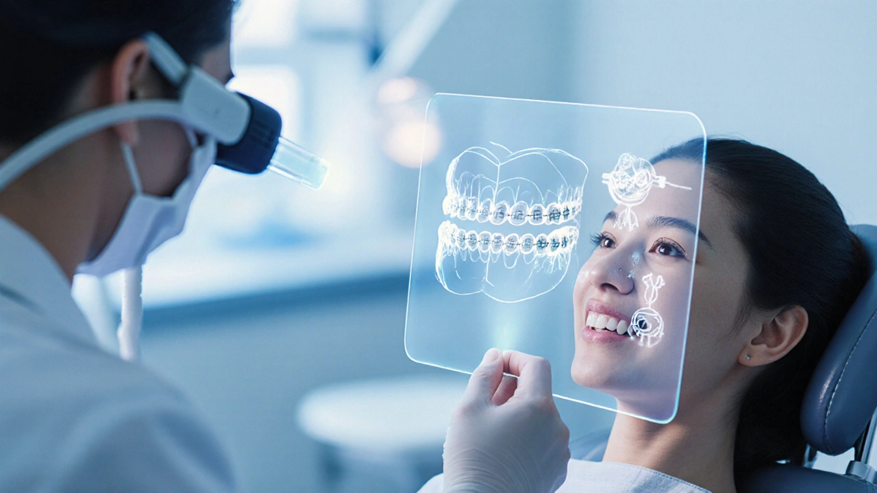 Zubař skenuje ústa pacienta, na obrazovce 3D model s kovovými, keramickými a průhlednými rovnáky.