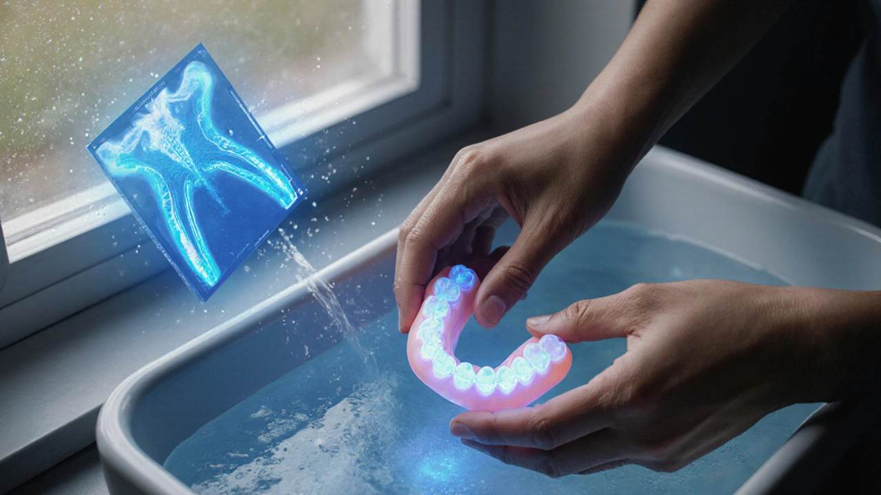 Zubní protéza čistěna v roztoku pod modrým světlem s digitálním snímkem v pozadí.