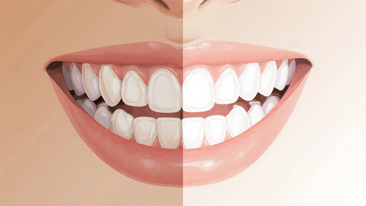 Before and after view of a smile transformed with porcelain veneers.