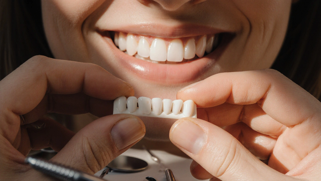 Close-up of a ceramic veneer held near a smiling mouth with soft lighting.