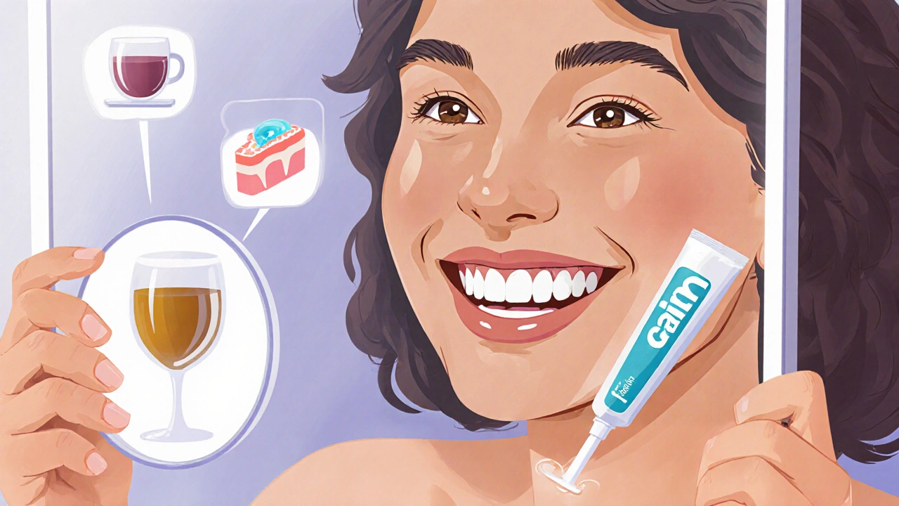 Člověk se dívá do zrcadla, kde jedna část zubů je přirozeně žlutá, druhá o něco světlejší.