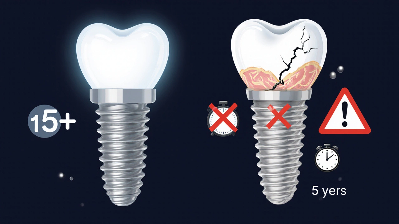 Comparison of high-quality and low-quality dental implants with longevity and failure indicators.