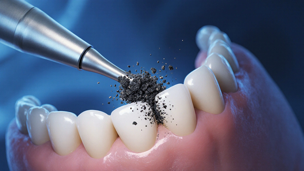 Dentální ultrazvukový čistič odstraňuje černý zubní kámen z předních zubů.