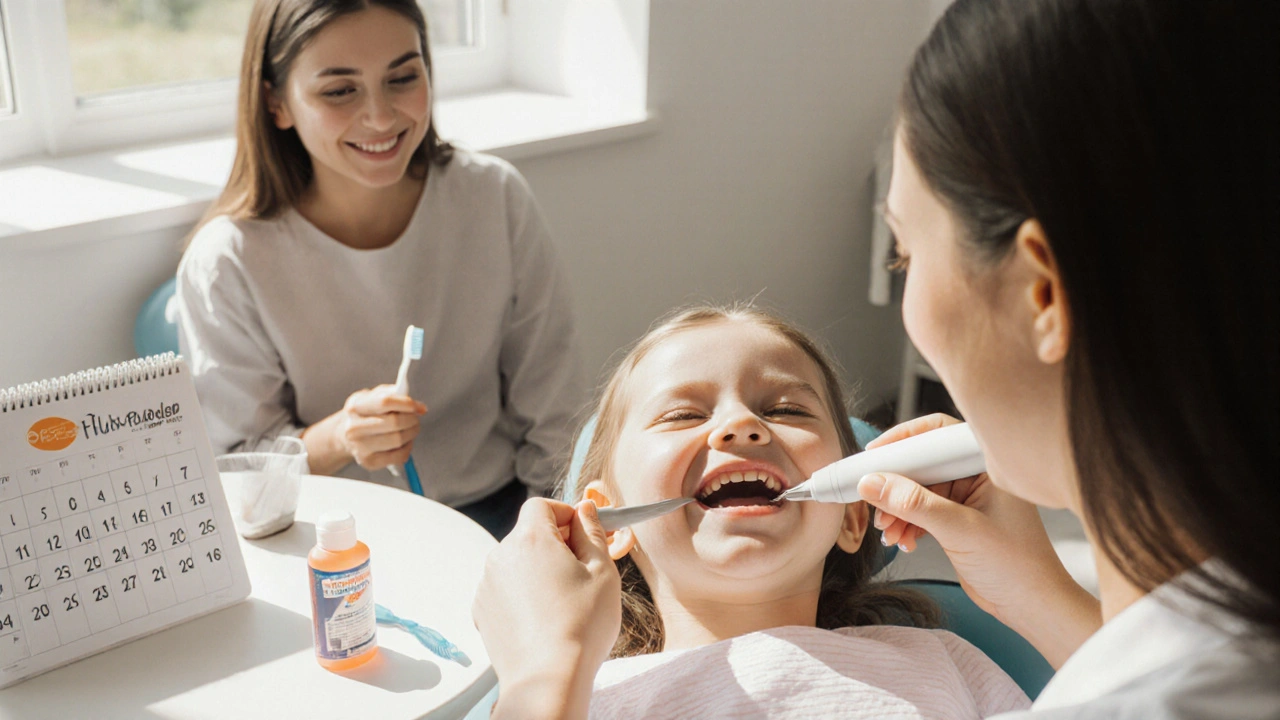 Dětský zubní hygienik čistí zuby dítěte ultrazvukem, dítě se usmívá, rodič pozoruje s úlevou.
