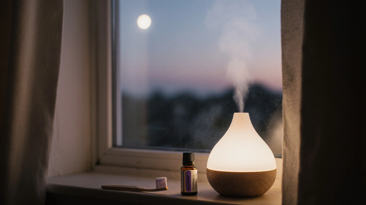 Difuzér s esenciálními oleji v pokoji před spaním pro podporu ústní hygieny.