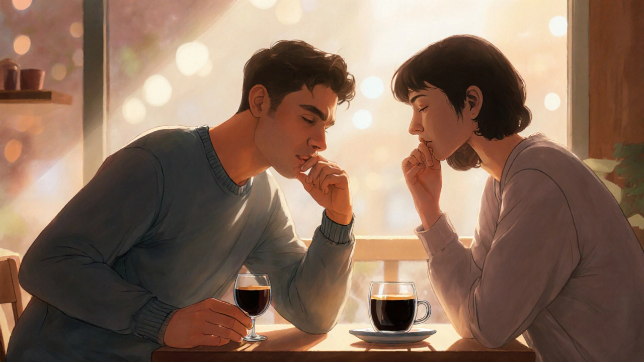 Dva lidé na rande, jeden se nechce přiblížit kvůli zápachu z úst.