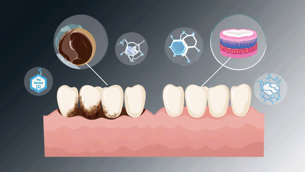 Dva zuby vedle sebe: jeden tmavě znečištěný, druhý po bělení světlejší.