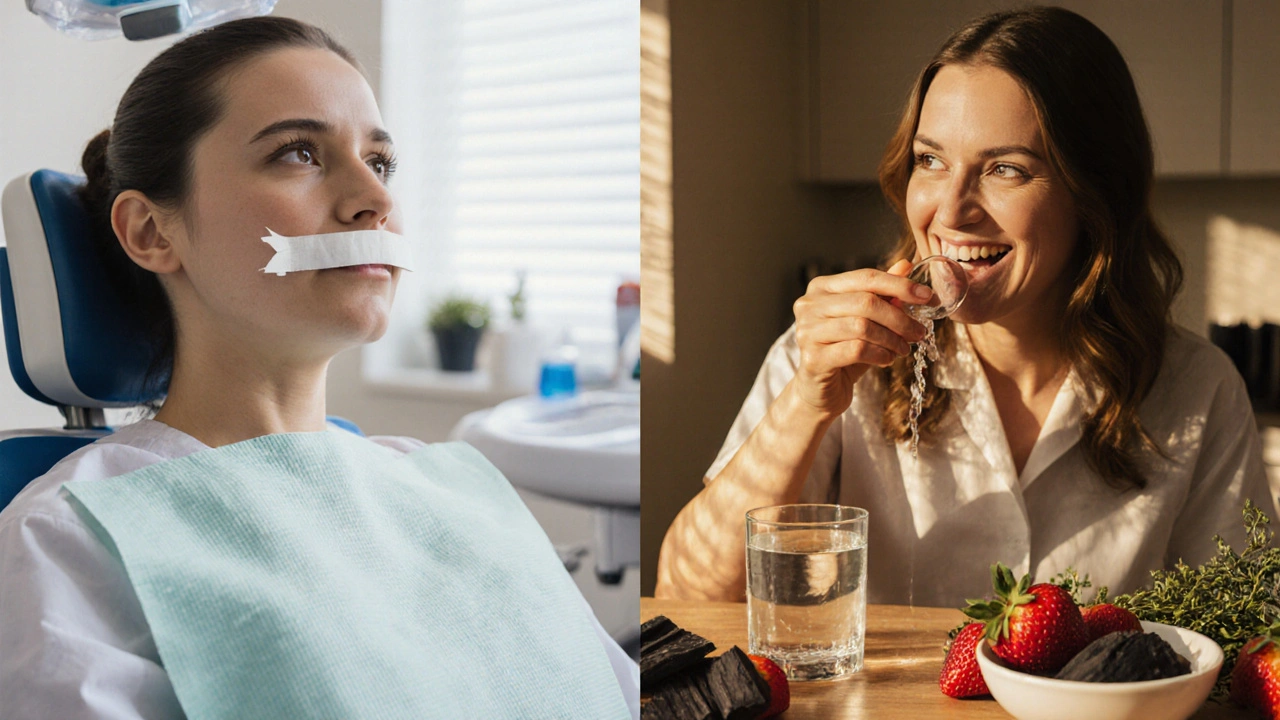 Dvě scény: klinika s bělicí páskou a kuchyně s přírodními metodami — kontrast moderního a tradičního přístupu.