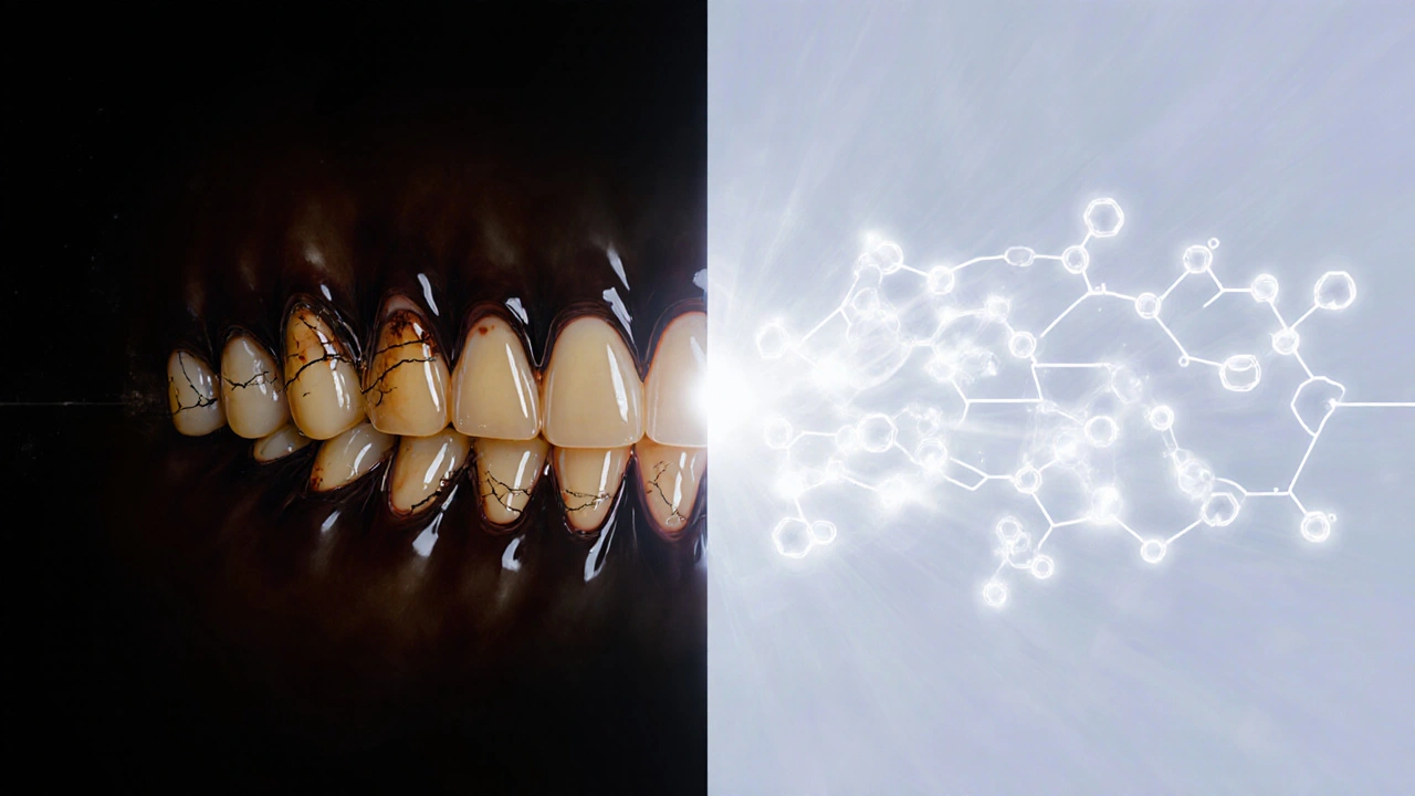 Dvojité zobrazení žlutých a bílých zubů spojených světelnou cestou.