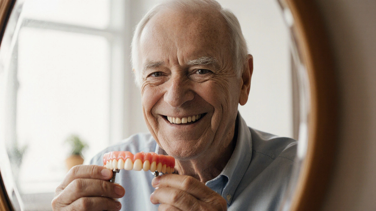 Elderly man smiling at his reflection with newly restored dental implants, showing improved confidence.