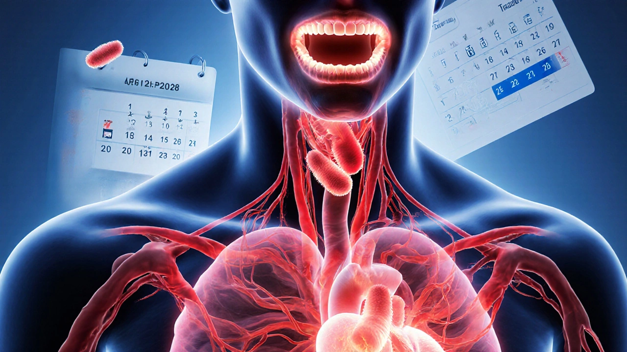 Ilustrace šíření zánětu z úst do srdce skrze krevní oběh.