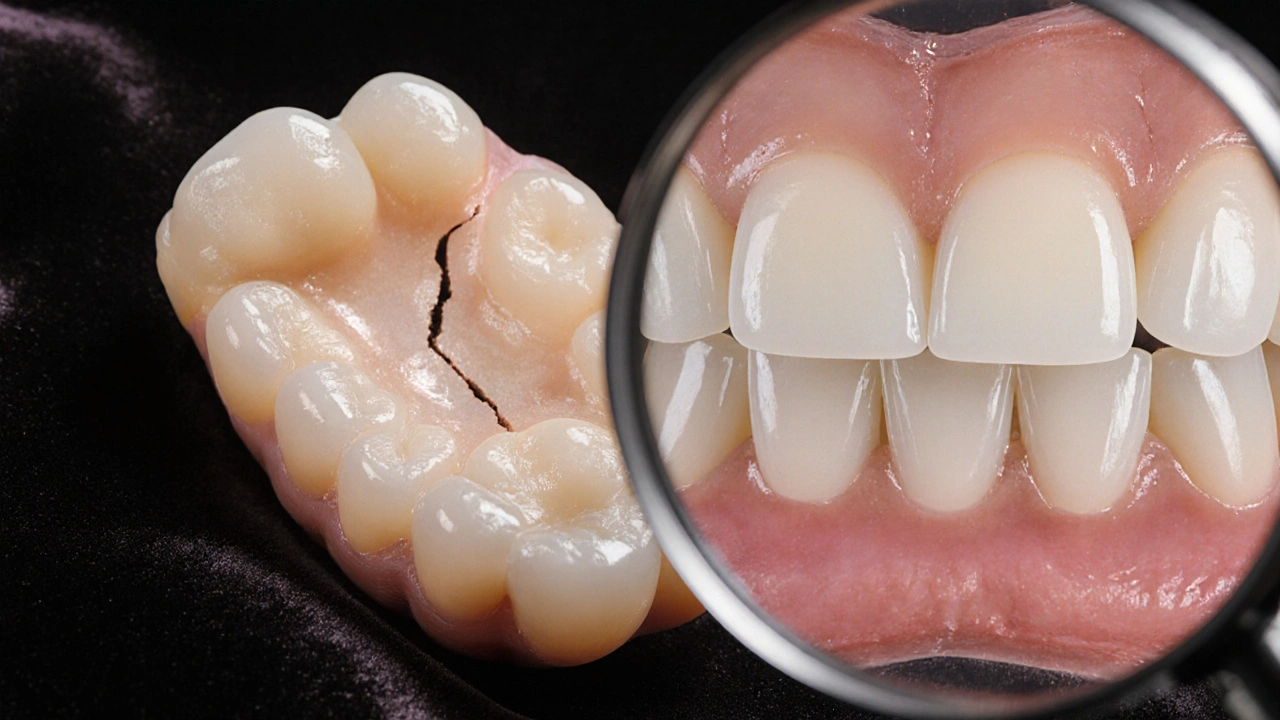 Keramické fazety leží vedle přirozeného zubu s viditelným poškozením pod nimi.