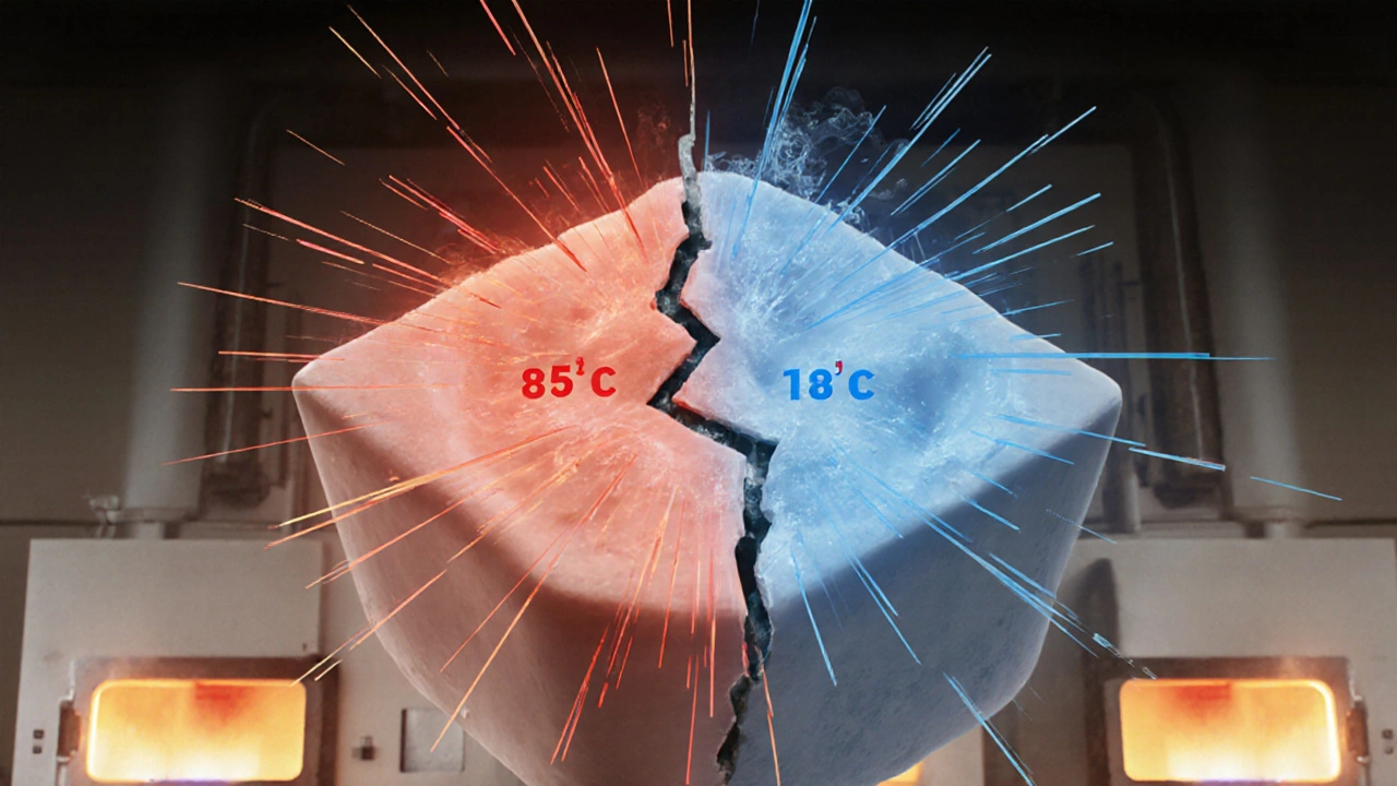 Keramický materiál vystavený extrémním teplotním šoku s viditelným napětím.