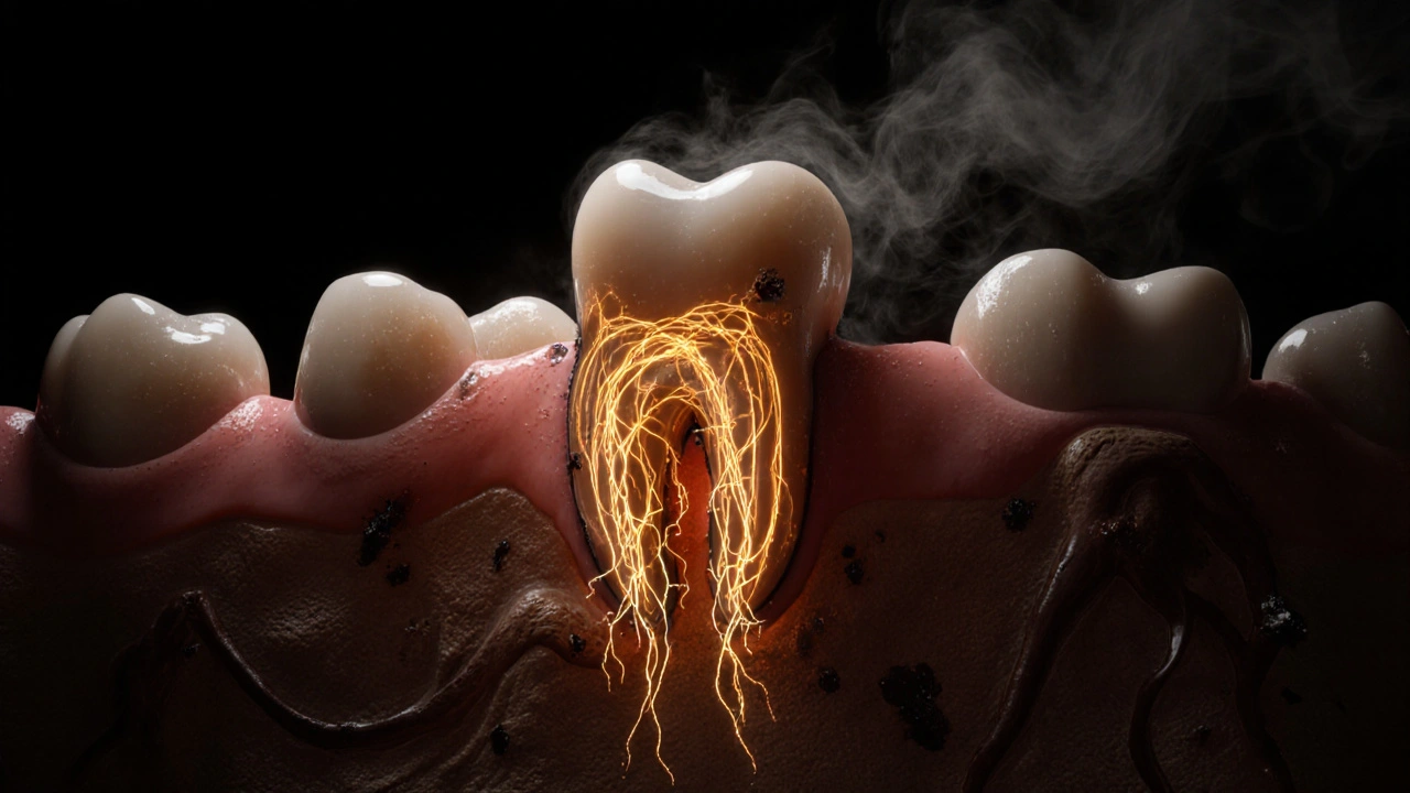 Konce zubního kořene s infikovanými vazivovými vlákny šířícími se do čelisti.