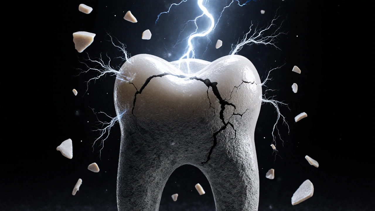 Konceptuální obraz poškozeného zubu jako zhrouceného sloupu s korunkou jako záchranným prvkem