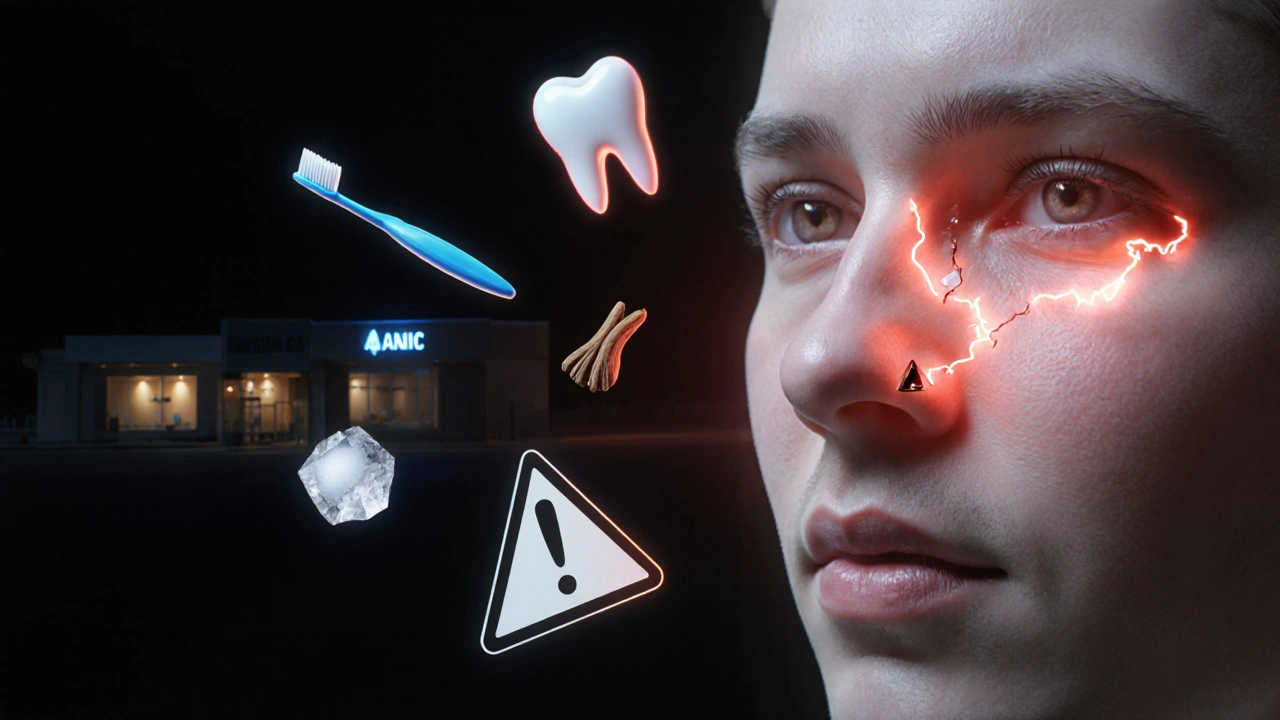 Konceptuální obrázek poškozeného předního zubu s prvky domácích léků a vzdálenou zubní klinikou.