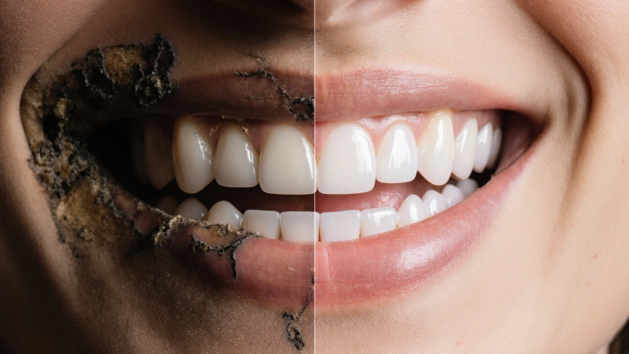 Kontrast mezi poškozenou a novou zirkonovou korunkou v rámci zdravého úsměvu.