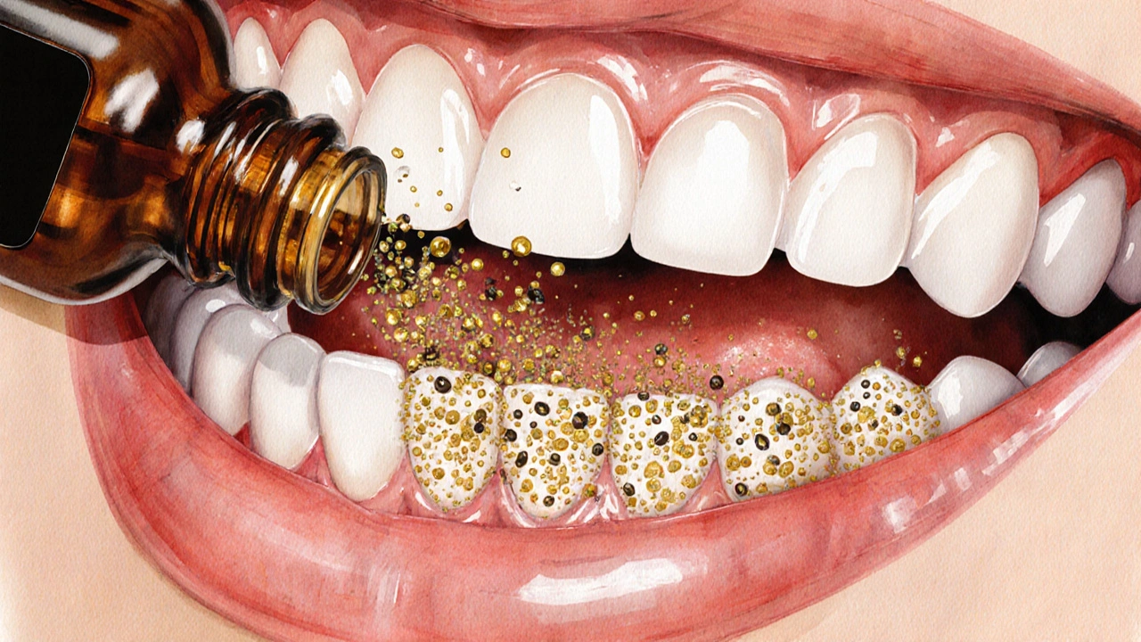 Křížový řez ústní dutiny s esenciálními oleji ničícími zubní plak.