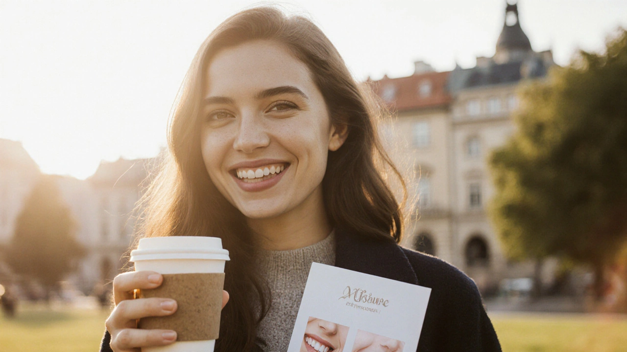 Mladá žena se směje v parku s přirozeně vypadajícími kompozitními fazetami.