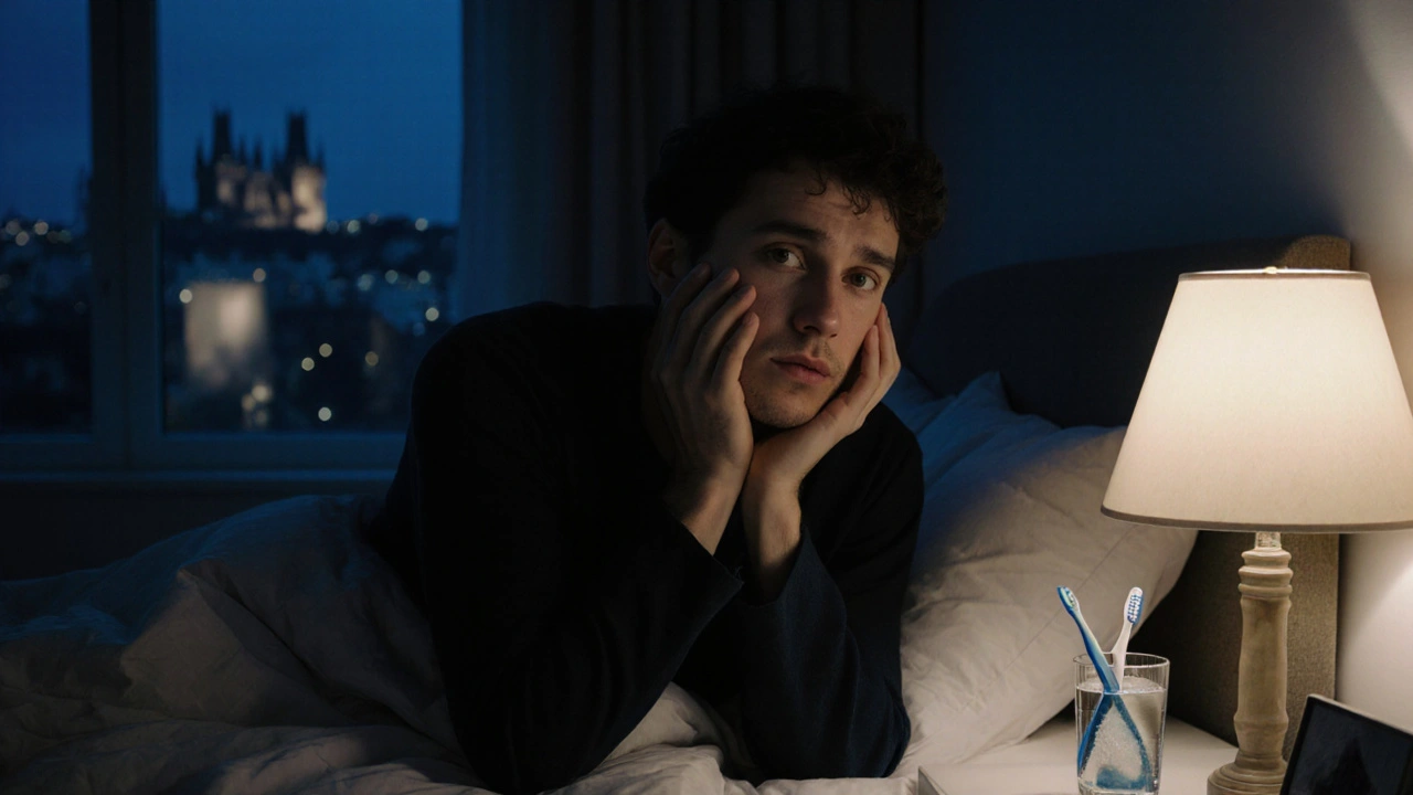 Osoba držící si tvář v noci, s příznaky zánětu okostice a českým městským výhledem za oknem.