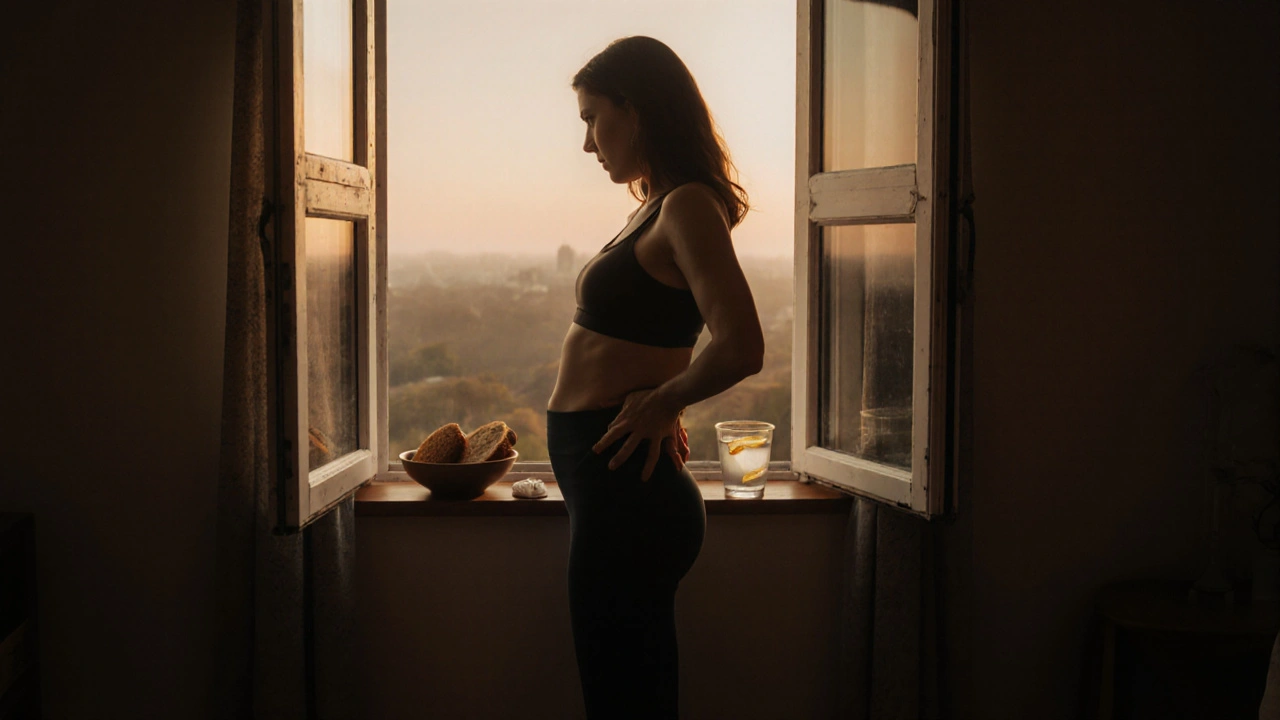 Osoba hladce masíruje břicho ráno s kefírem a citronovou vodou na okně