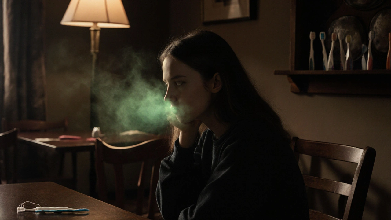 Osoba se vyhýbá společnosti kvůli zápachu z úst, ostatní jsou v pozadí.